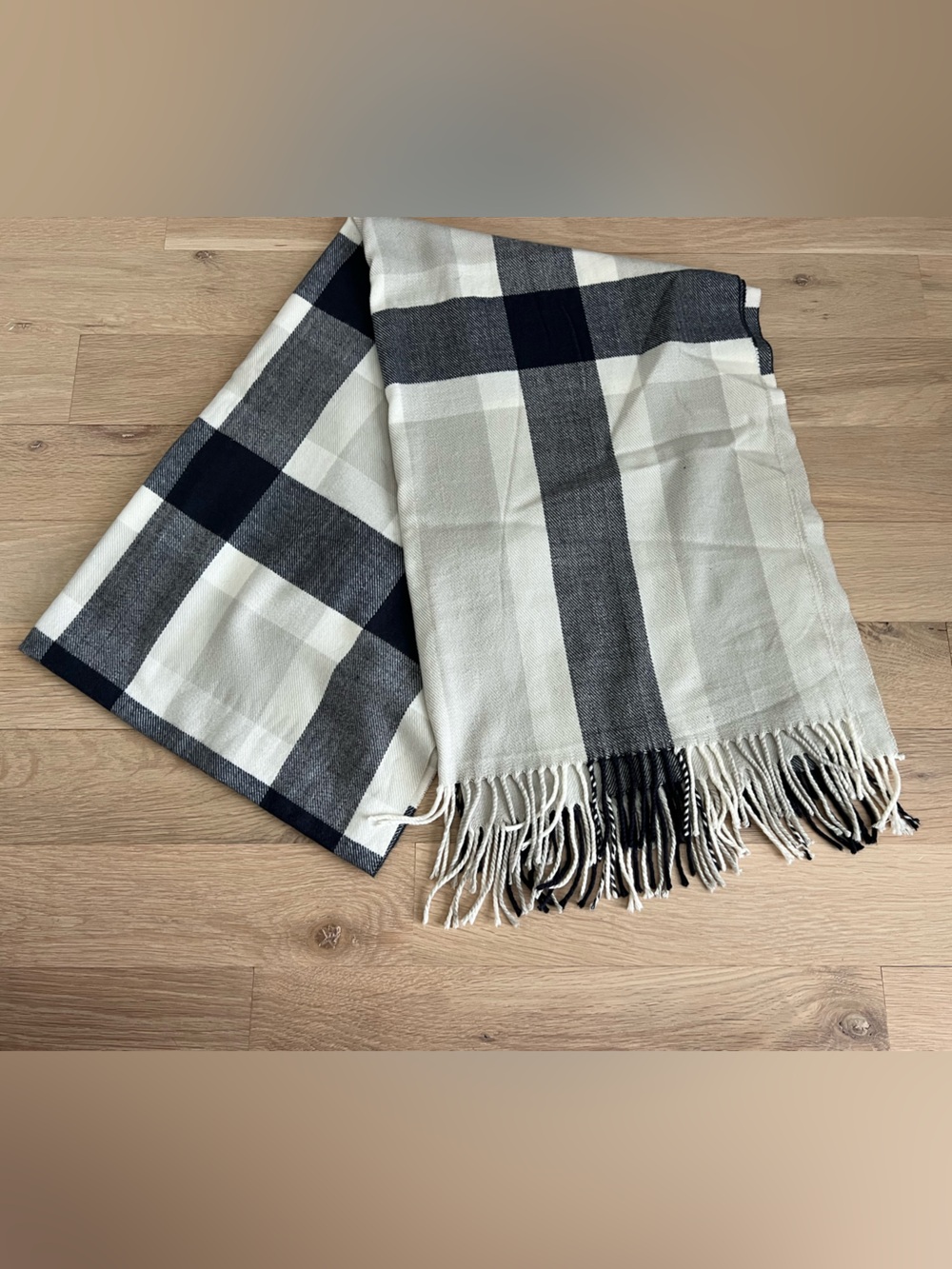 Plaid Fringe Winter Scarf in Ivory and Navy
